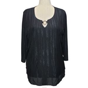 JM Collection 2X Black Textured Keyhole Ring Neck Top 3/4 Sleeve High Low